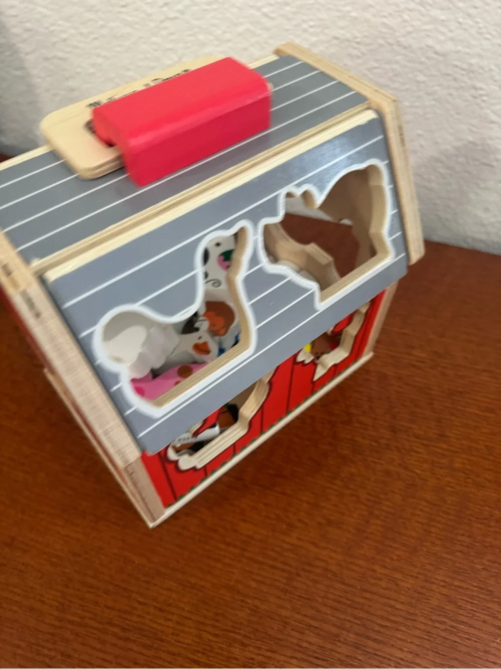 Melissa & Doug Gray Striped Wooden Farm Puzzle Box Take-Along Sorting Barn